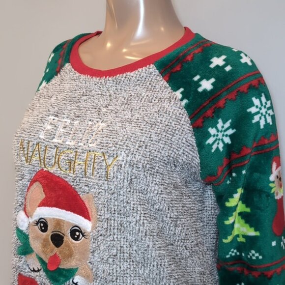 Ugly Christmas Sweater Fleece Feliz Naughty Dog Raglan Knit Pullover Holiday - Picture 3 of 11